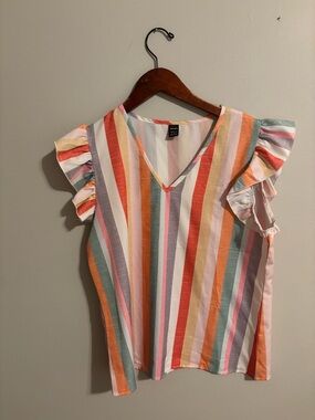 SHEIN Multicolor Vertical Stripe Ruffle Sleeve Blouse